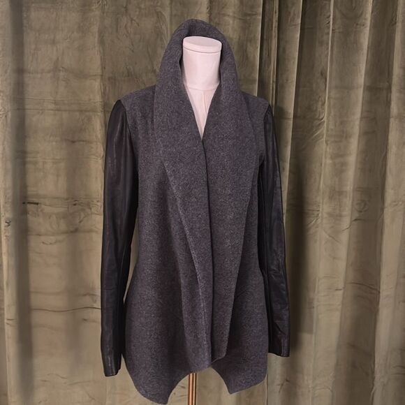 Theory gray/black wool/cashmere/ lamb leather open front jacket, M - Picture 4 of 11